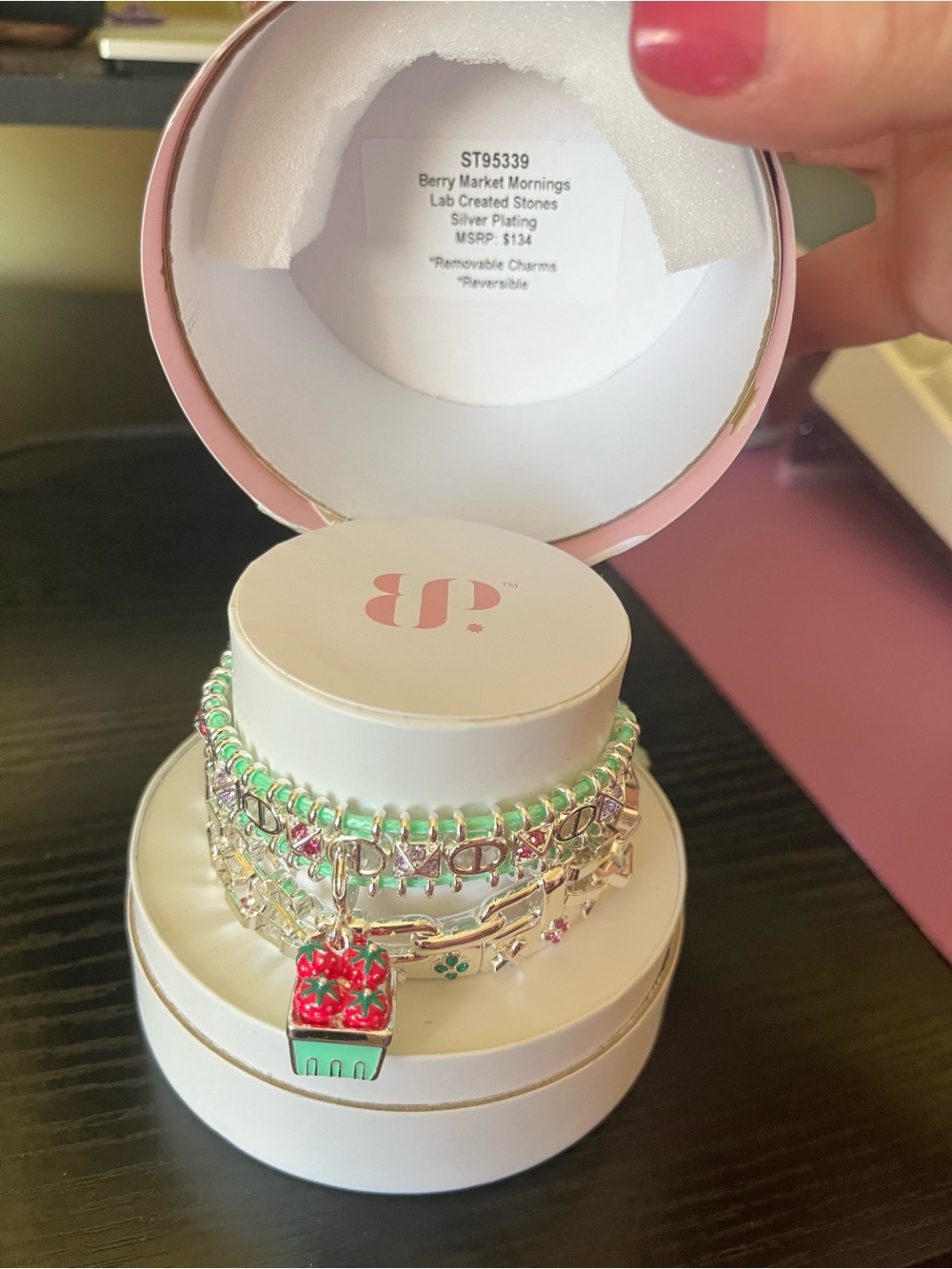 Bomb Party Silver-Plated Bracelet Set with Green Beads and Red Berry Charm